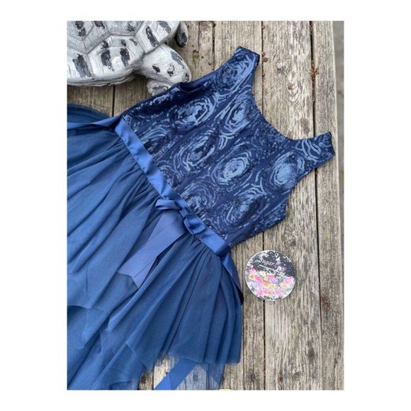 Dark Blue Party Tank Dress Sequins Handkerchief Tiered Hemline Sz 7 Youth - Picture 5 of 13